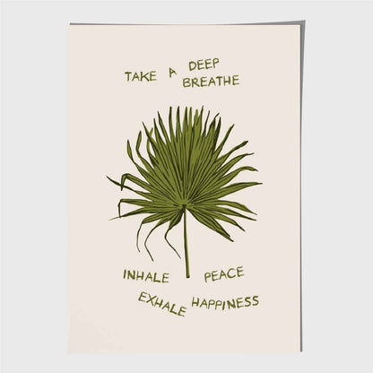 Exhale Happiness Beige, Green Palm Leaf  Art Print | Wall Art Plaza UK