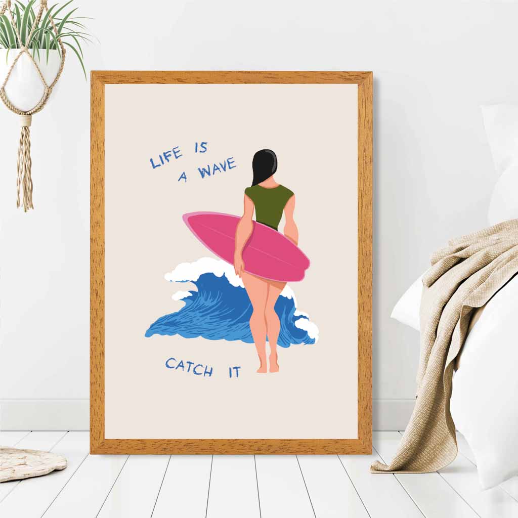 Life is a Wave … Pink, Blue Surfing  Art Print | Wall Art Plaza UK