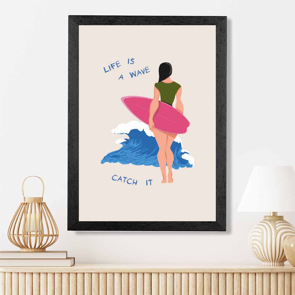 Life is a Wave … Pink, Blue Surfing  Art Print | Wall Art Plaza UK