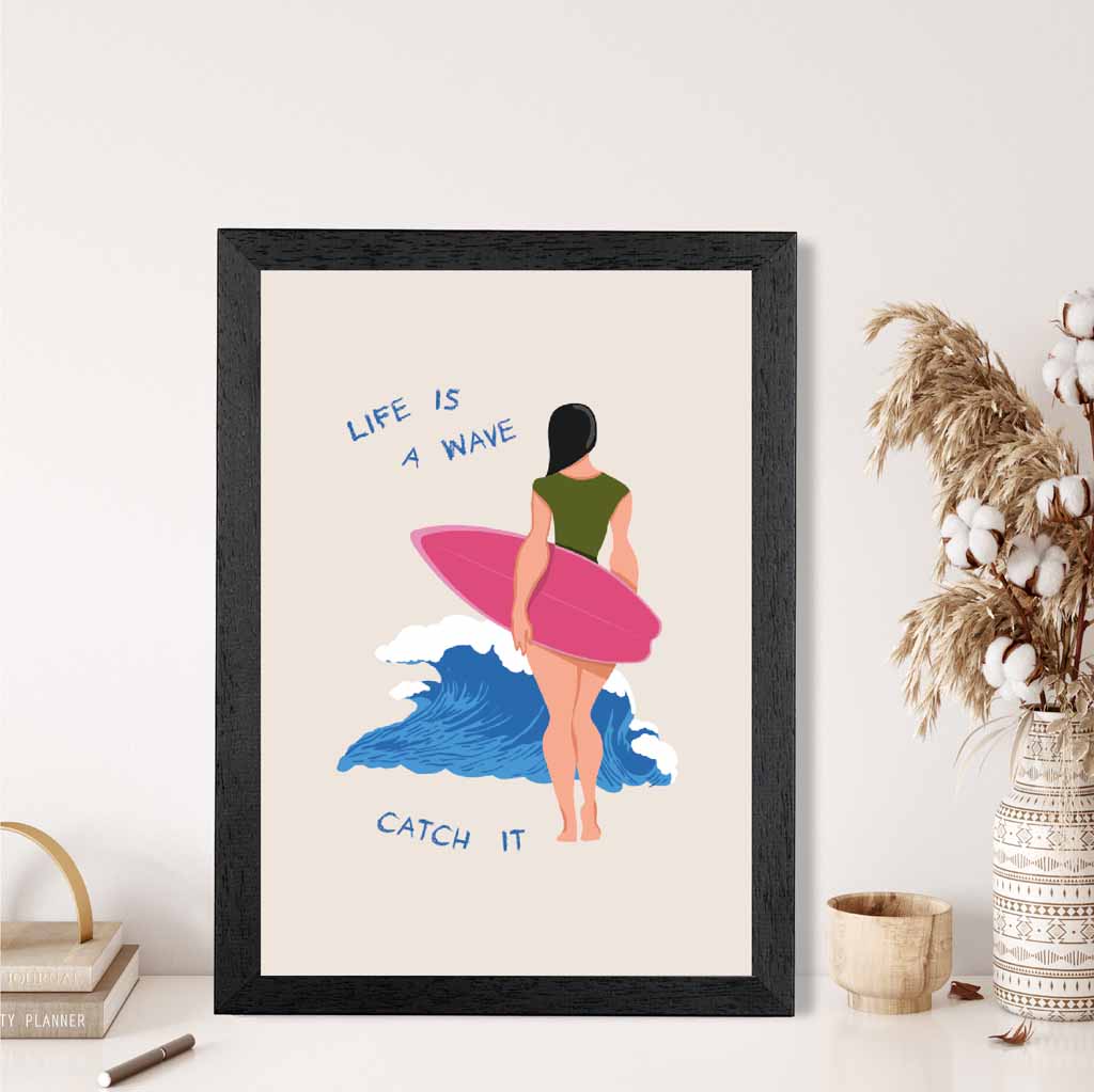 Life is a Wave … Pink, Blue Surfing  Art Print | Wall Art Plaza UK