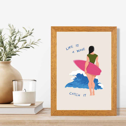 Life is a Wave … Pink, Blue Surfing  Art Print | Wall Art Plaza UK