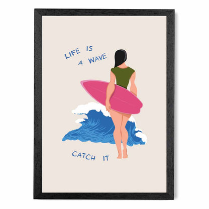 Life is a Wave … Pink, Blue Surfing  Art Print | Wall Art Plaza UK