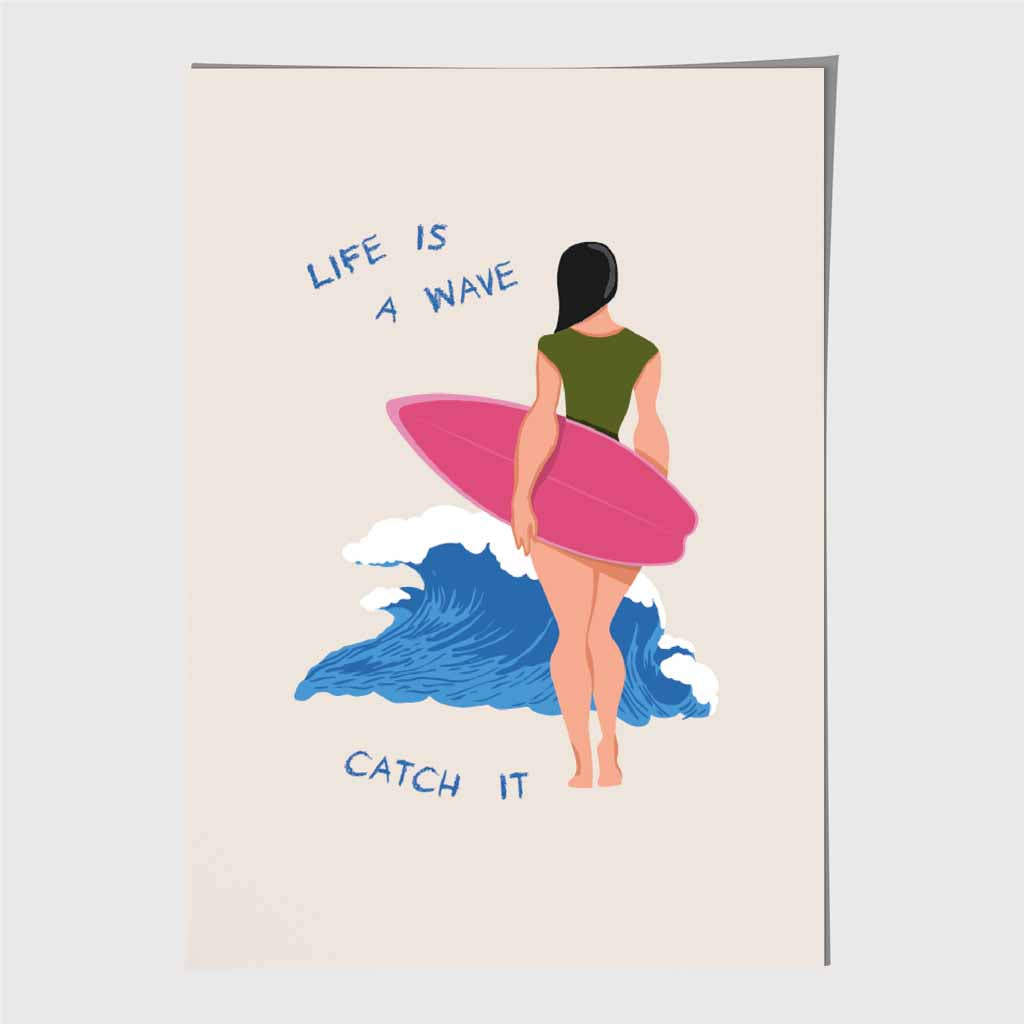 Life is a Wave … Pink, Blue Surfing  Art Print | Wall Art Plaza UK