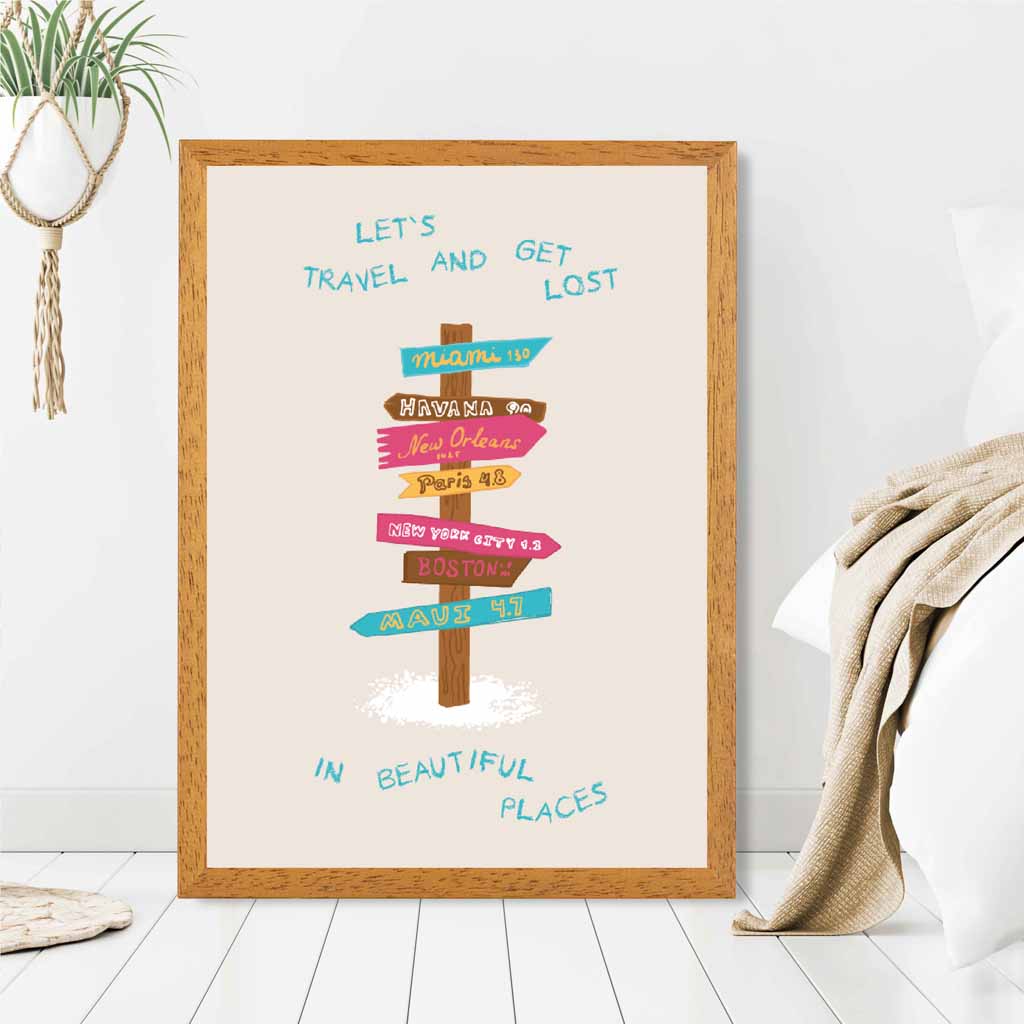 Let's Travel … Pink, Blue Quote  Art Print | Wall Art Plaza UK