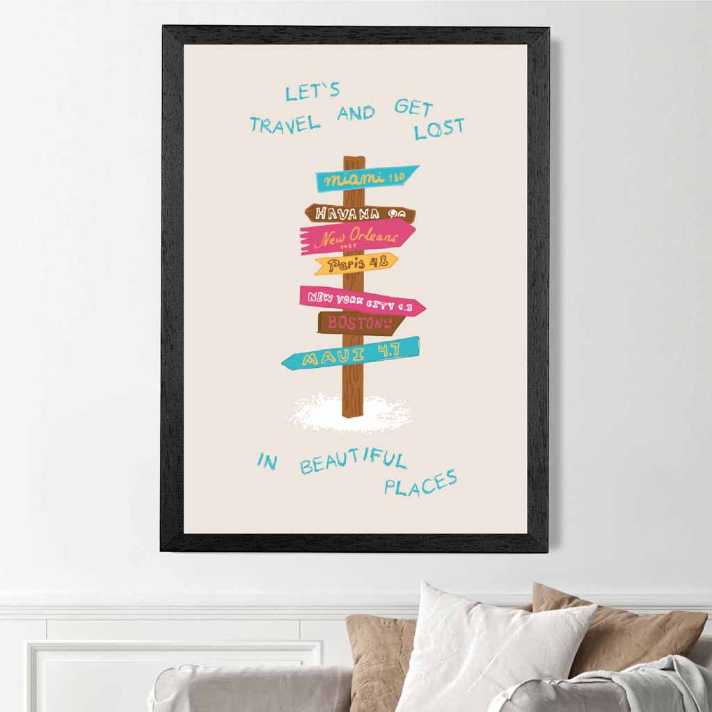 Let's Travel … Pink, Blue Quote  Art Print | Wall Art Plaza UK