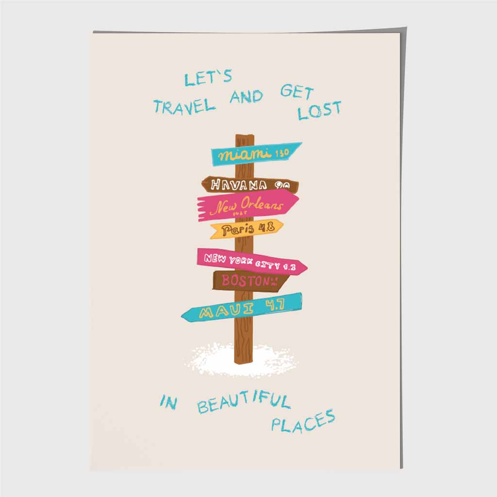 Let's Travel … Pink, Blue Quote  Art Print | Wall Art Plaza UK