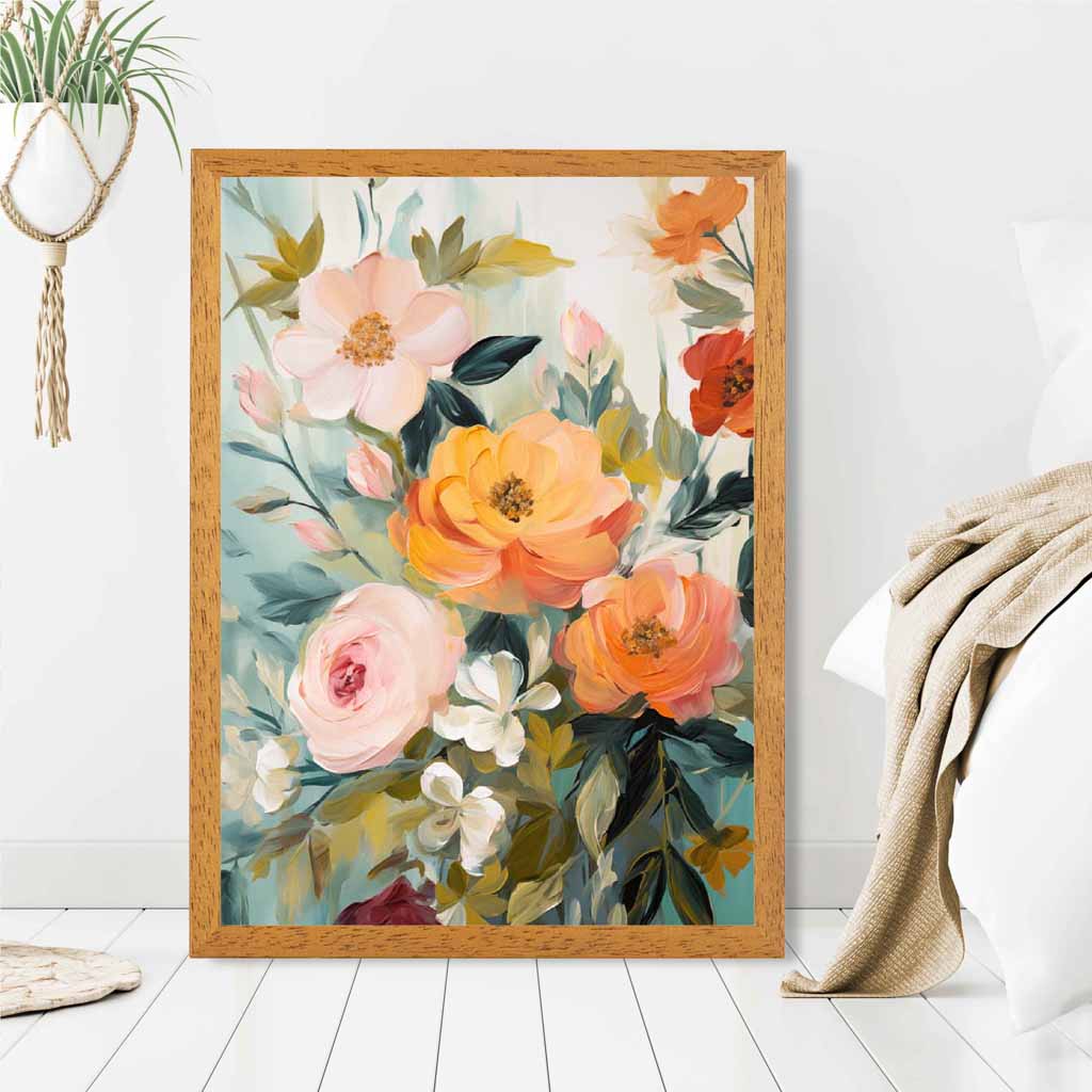 Vintage Floral Green, Orange Flower Posy No 2  Art Print | Wall Art Plaza UK