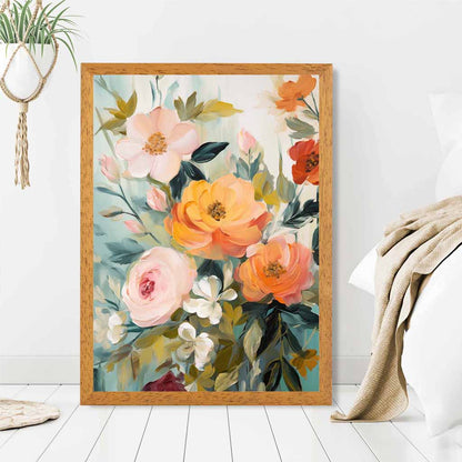 Vintage Floral Green, Orange Flower Posy No 2  Art Print | Wall Art Plaza UK