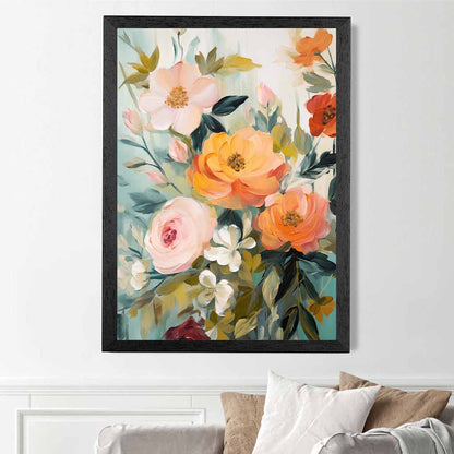 Vintage Floral Green, Orange Flower Posy No 2  Art Print | Wall Art Plaza UK