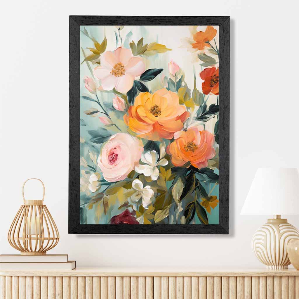 Vintage Floral Green, Orange Flower Posy No 2  Art Print | Wall Art Plaza UK