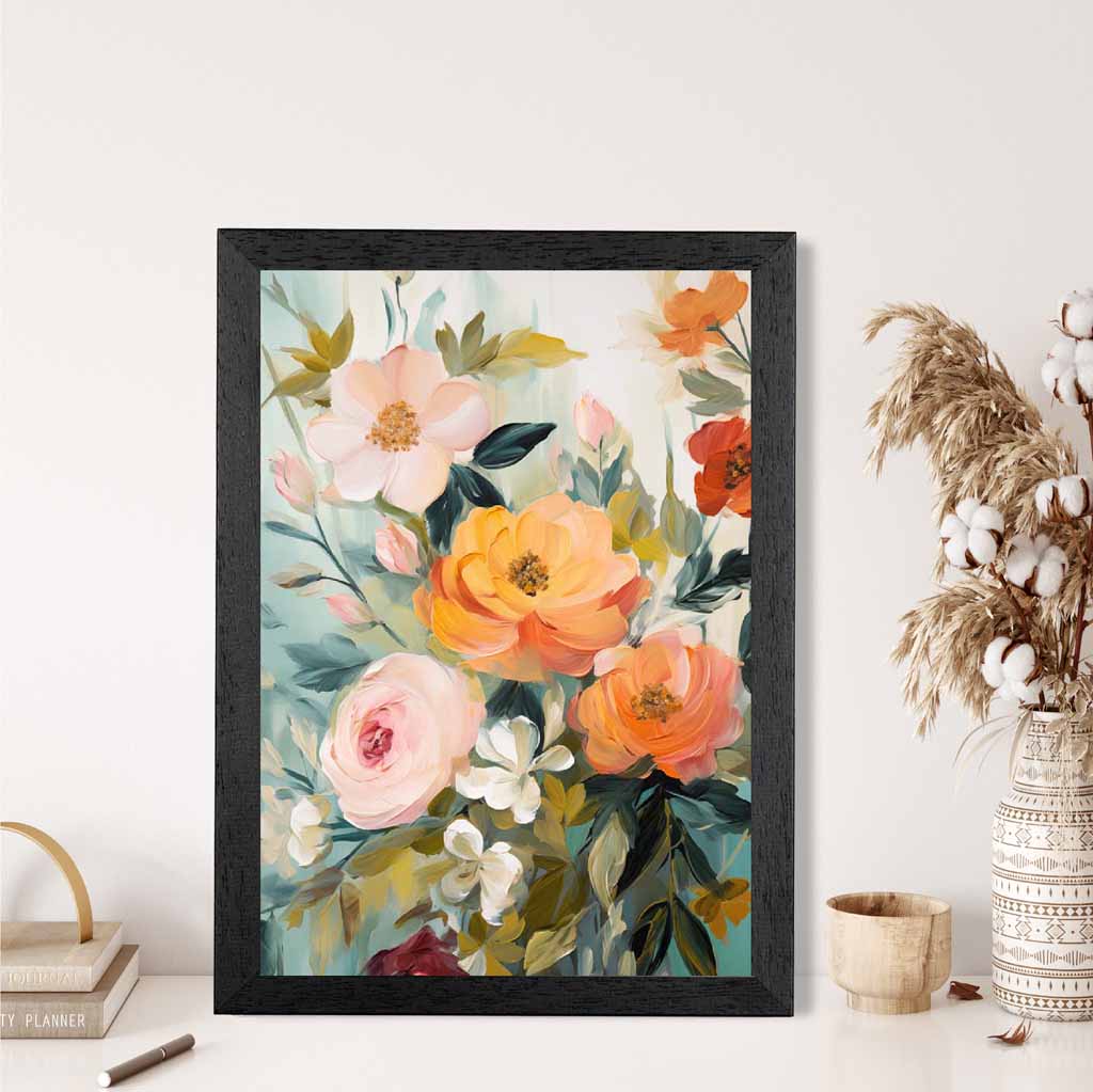 Vintage Floral Green, Orange Flower Posy No 2  Art Print | Wall Art Plaza UK
