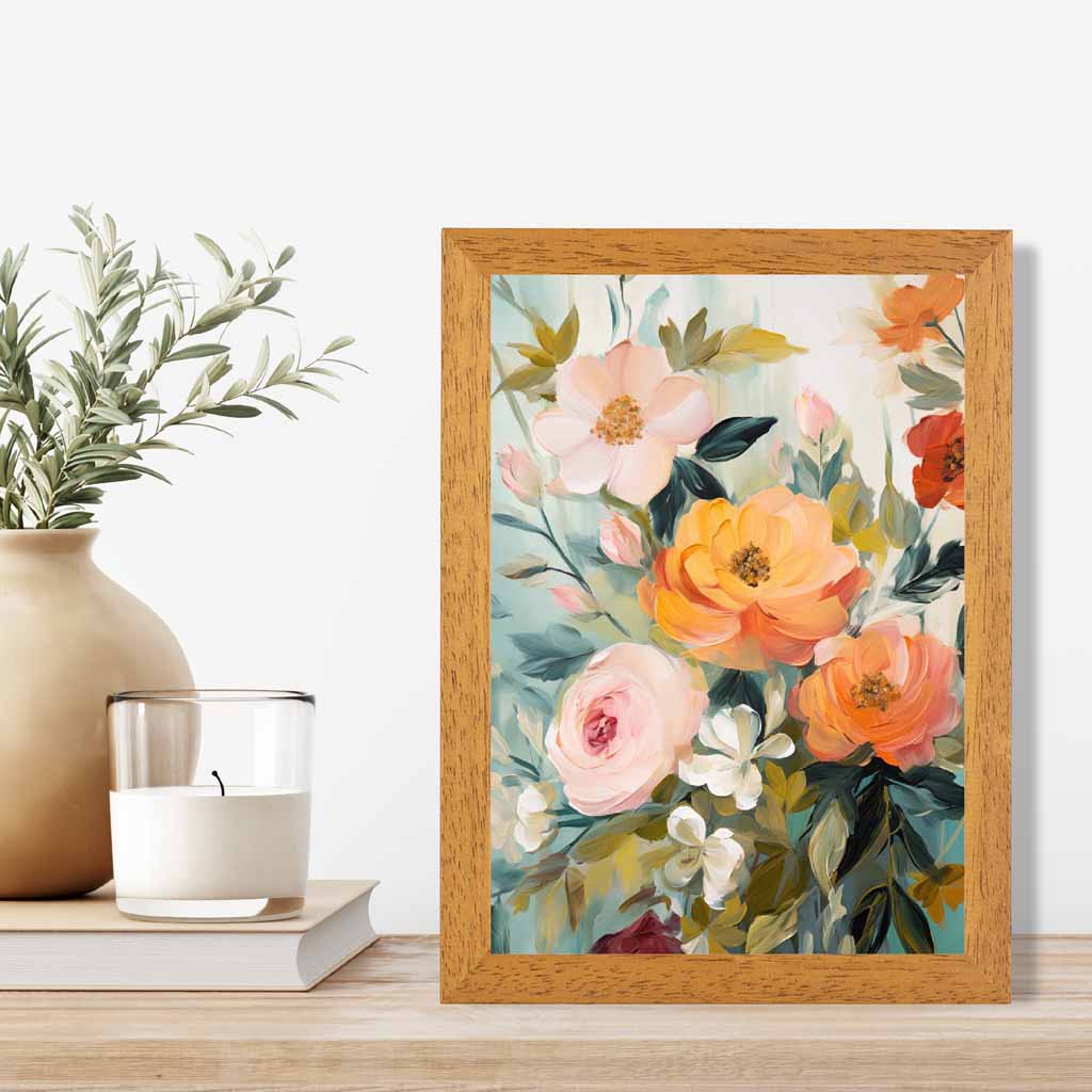 Vintage Floral Green, Orange Flower Posy No 2  Art Print | Wall Art Plaza UK