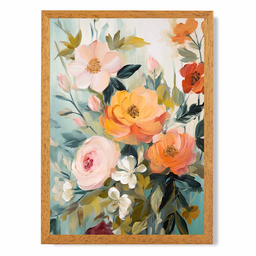 Vintage Floral Green, Orange Flower Posy No 2  Art Print | Wall Art Plaza UK