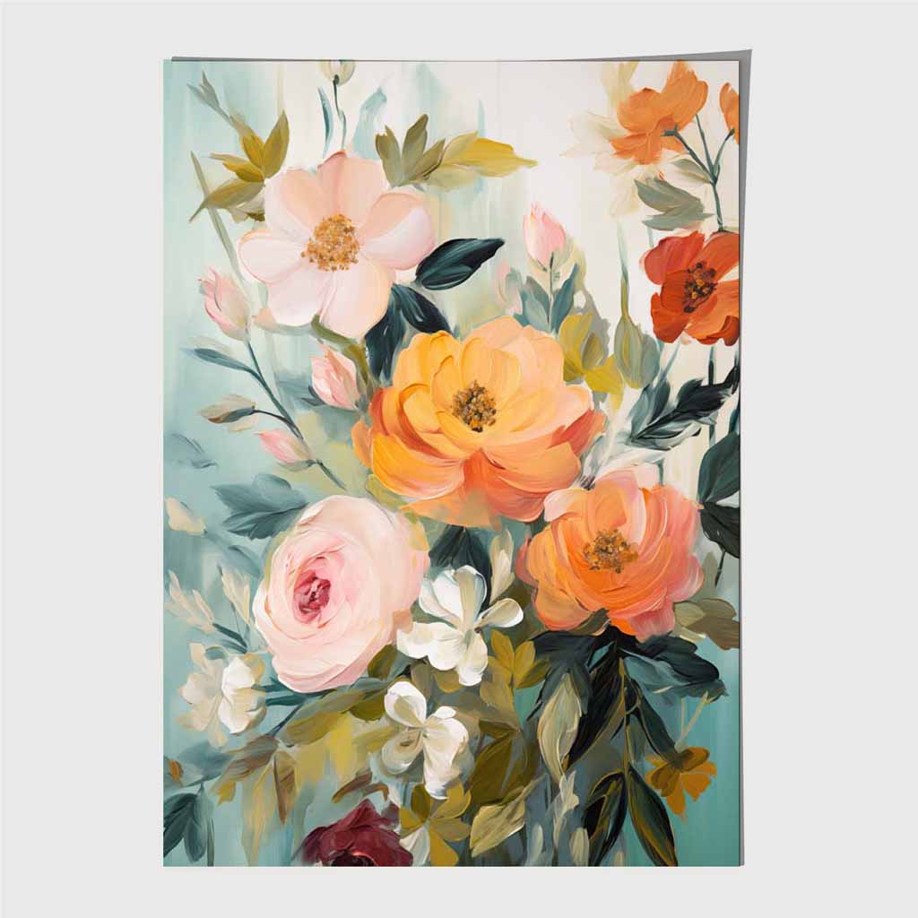 Vintage Floral Green, Orange Flower Posy No 2  Art Print | Wall Art Plaza UK
