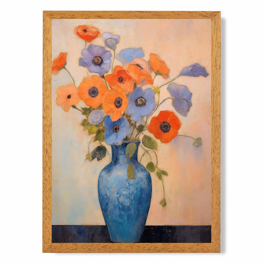 Abstract Floral Blue, Orange Poppies in Vase  Art Print | Wall Art Plaza UK