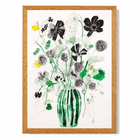 Abstract Illustration Black, Green Flowers and Vase  Art Poster | Wall Art Plaza UK