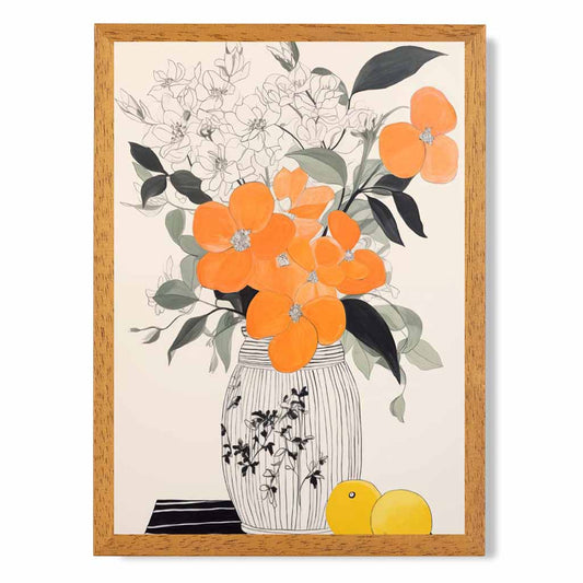 Abstract Illustration Black, Orange Flowers and Vase  Art Poster | Wall Art Plaza UK