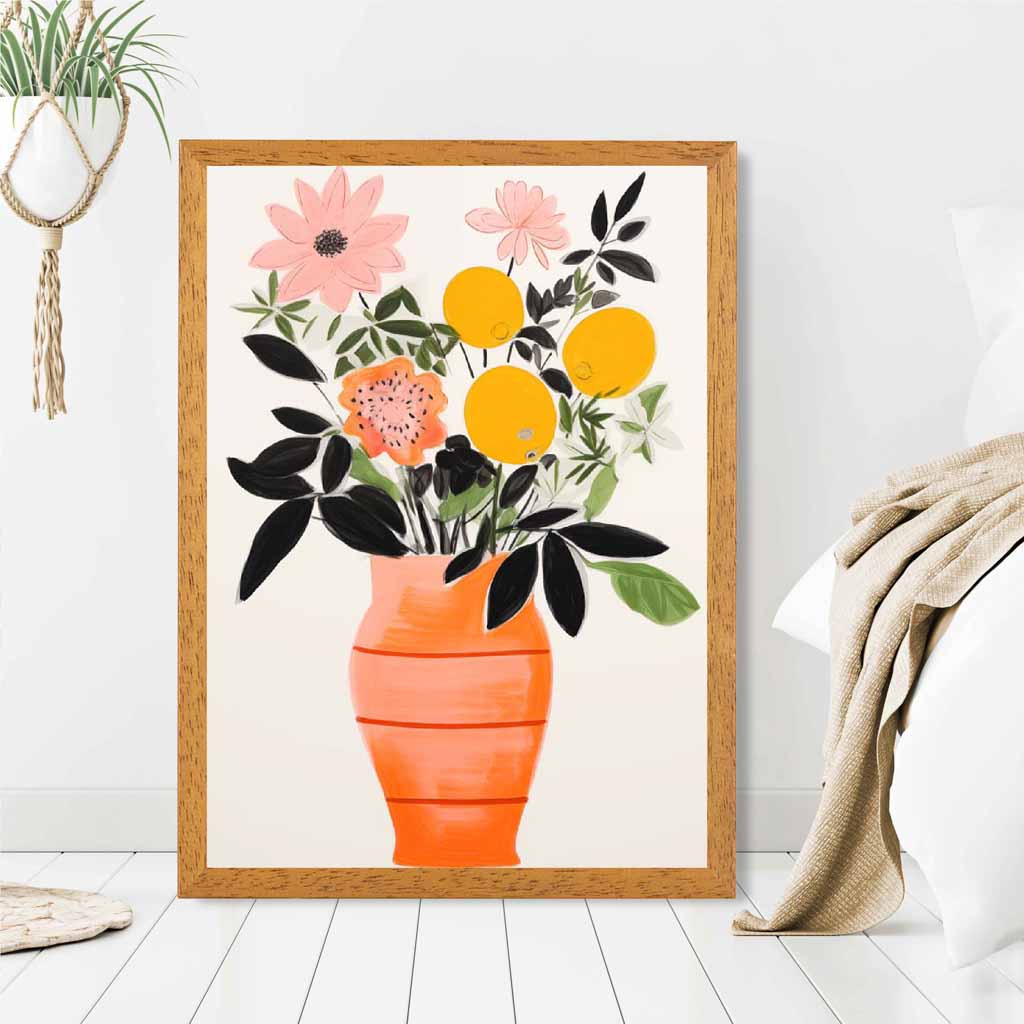 Abstract Illustration Orange, Pink Flowers and Vase  Art Print | Wall Art Plaza UK