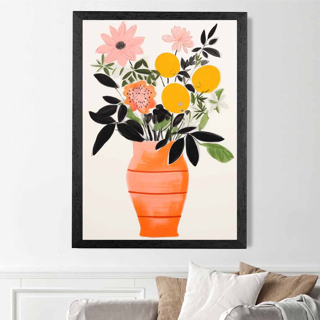 Abstract Illustration Orange, Pink Flowers and Vase  Art Print | Wall Art Plaza UK