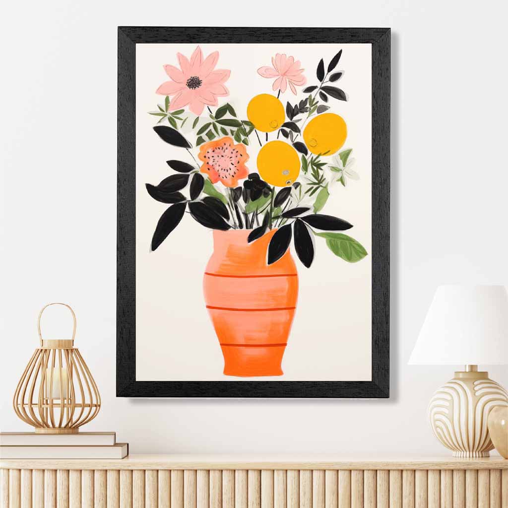 Abstract Illustration Orange, Pink Flowers and Vase  Art Print | Wall Art Plaza UK