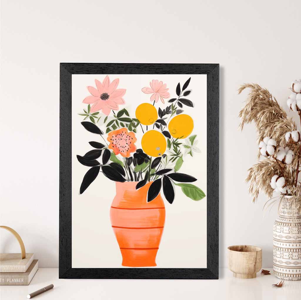 Abstract Illustration Orange, Pink Flowers and Vase  Art Print | Wall Art Plaza UK