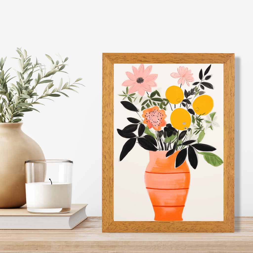 Abstract Illustration Orange, Pink Flowers and Vase  Art Print | Wall Art Plaza UK