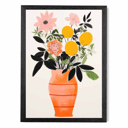 Abstract Illustration Orange, Pink Flowers and Vase  Art Print | Wall Art Plaza UK