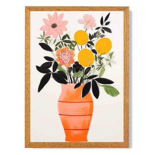 Abstract Illustration Orange, Pink Flowers and Vase  Art Print | Wall Art Plaza UK