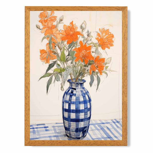 Vintage Floral Blue, Orange Kitchen Flowers  Art Print | Wall Art Plaza UK