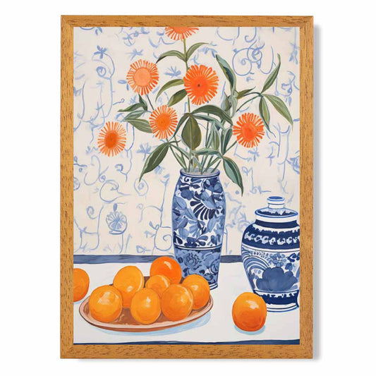 Vintage Floral Blue, Orange Fruit and Flowers  Art Print | Wall Art Plaza UK