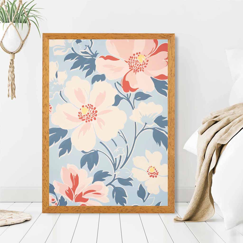 Modern Floral Pink, Blue Flowers Pattern  Art Print | Wall Art Plaza UK