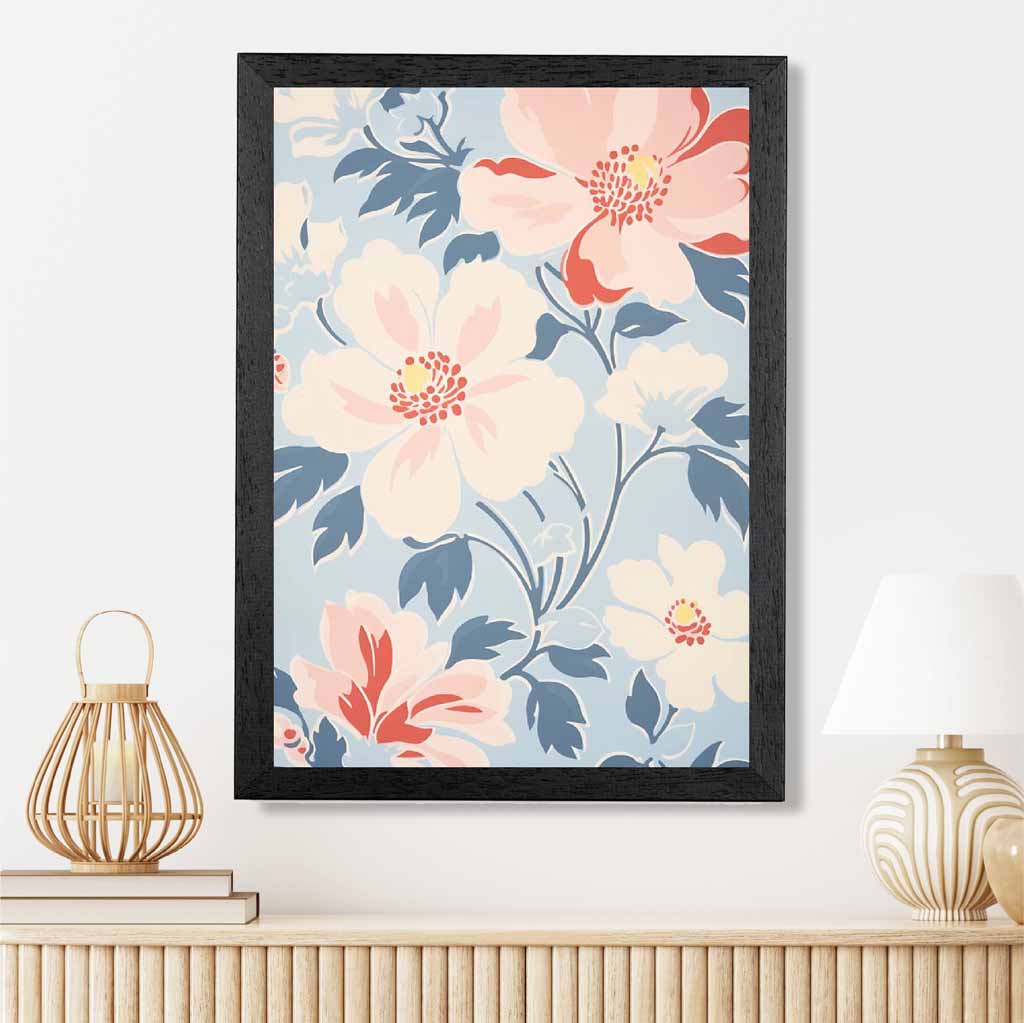 Modern Floral Pink, Blue Flowers Pattern  Art Print | Wall Art Plaza UK