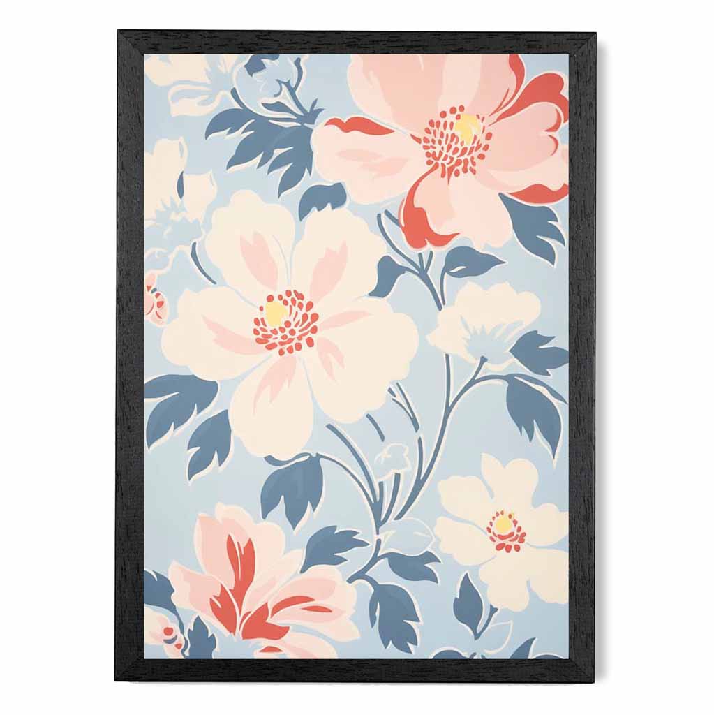 Modern Floral Pink, Blue Flowers Pattern  Art Print | Wall Art Plaza UK