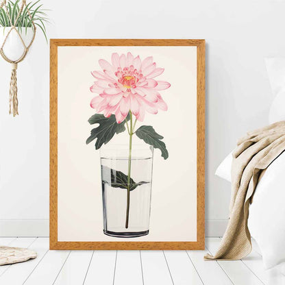 Floral Illustration Pink, Green Dahlia Flower  Art Print | Wall Art Plaza UK