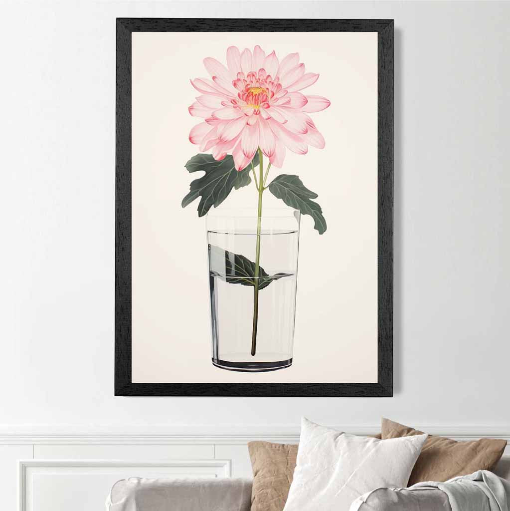 Floral Illustration Pink, Green Dahlia Flower  Art Print | Wall Art Plaza UK