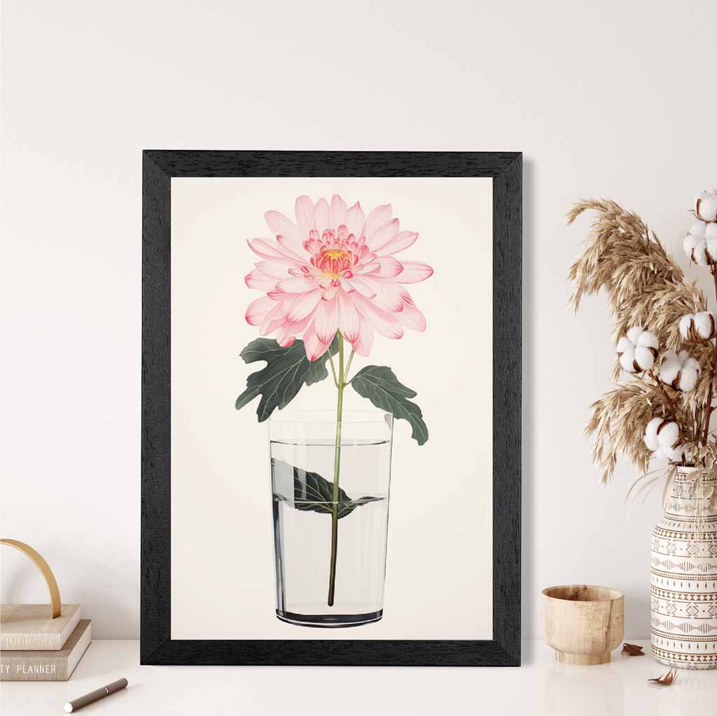 Floral Illustration Pink, Green Dahlia Flower  Art Print | Wall Art Plaza UK