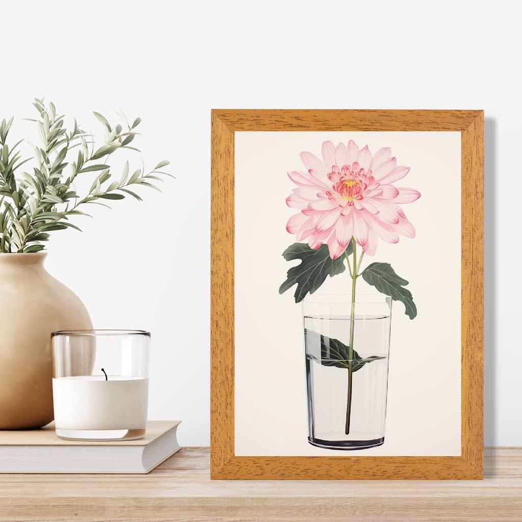 Floral Illustration Pink, Green Dahlia Flower  Art Print | Wall Art Plaza UK