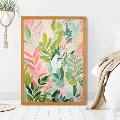 Abstract Painted Pink, Green Leaves  Art Poster | Wall Art Plaza UK