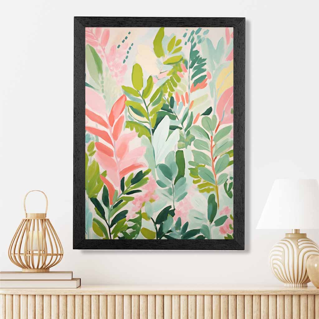 Abstract Painted Pink, Green Leaves  Art Poster | Wall Art Plaza UK