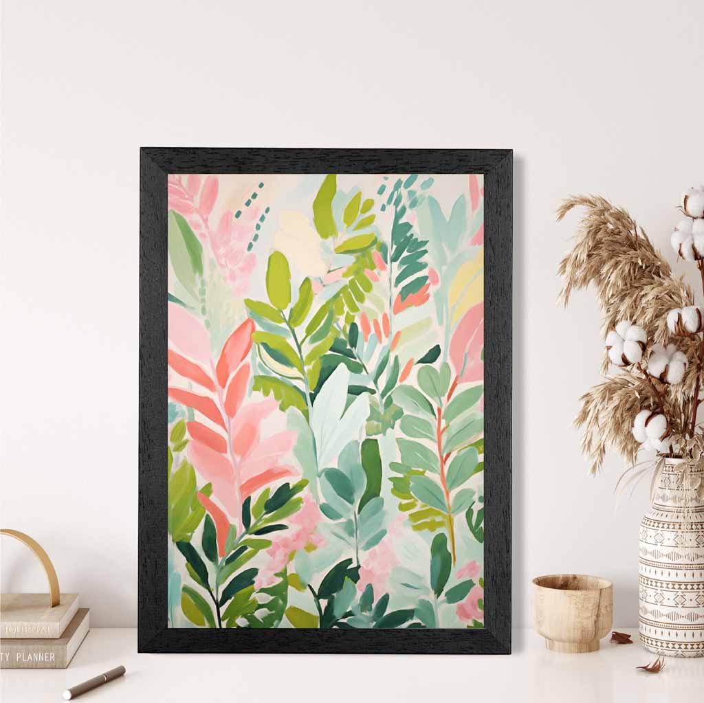 Abstract Painted Pink, Green Leaves  Art Poster | Wall Art Plaza UK