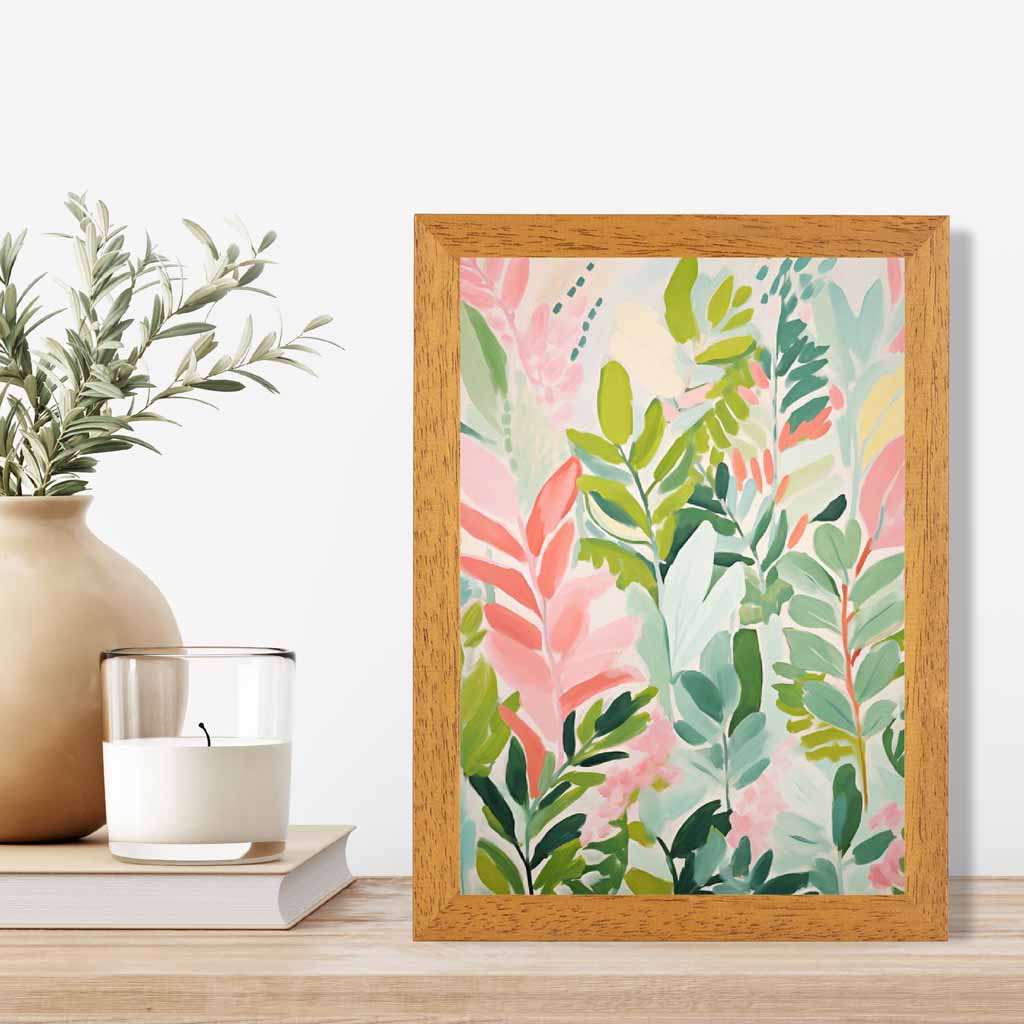 Abstract Painted Pink, Green Leaves  Art Poster | Wall Art Plaza UK