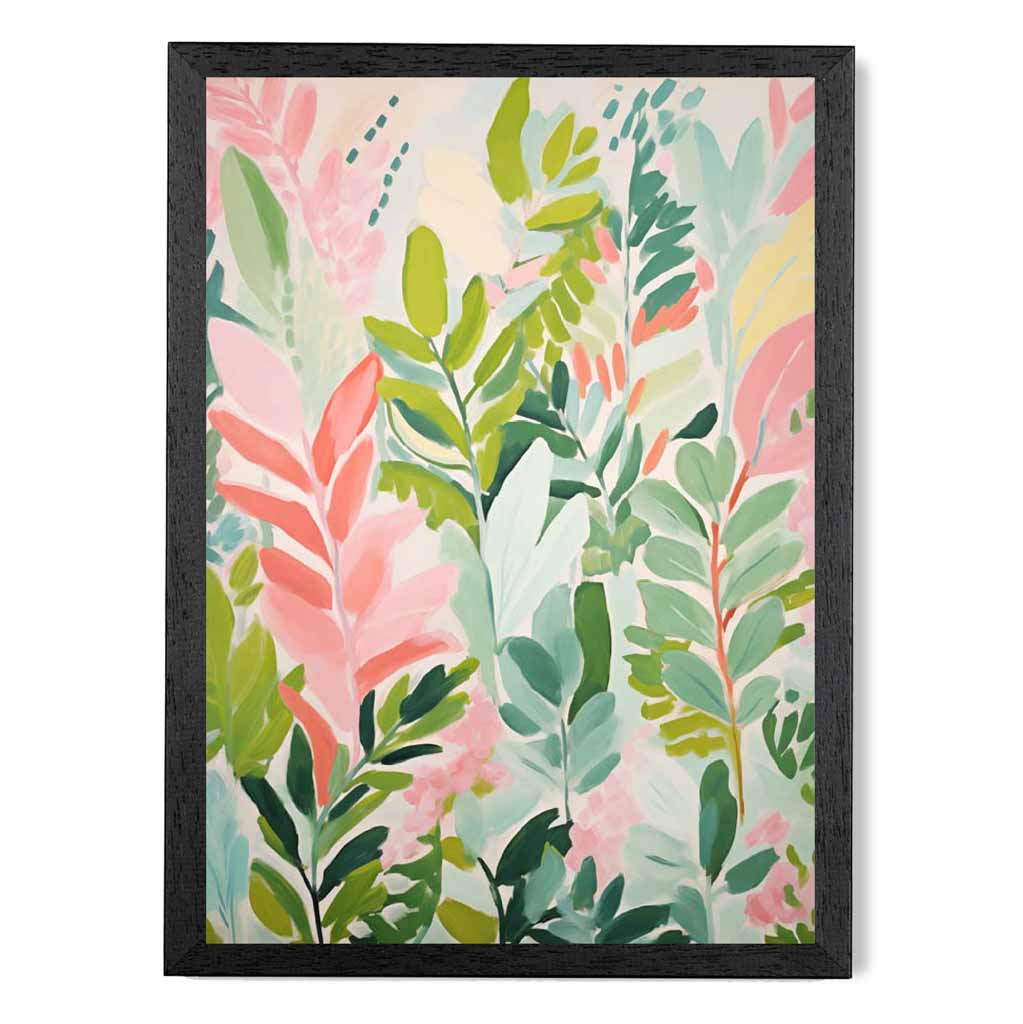 Abstract Painted Pink, Green Leaves  Art Poster | Wall Art Plaza UK