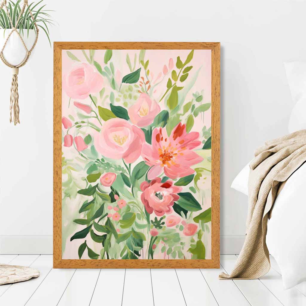 Abstract Painted Pink, Green Flowers  Art Poster | Wall Art Plaza UK