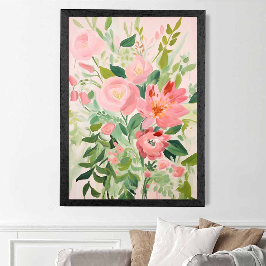 Abstract Painted Pink, Green Flowers  Art Poster | Wall Art Plaza UK