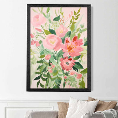 Abstract Painted Pink, Green Flowers  Art Poster | Wall Art Plaza UK