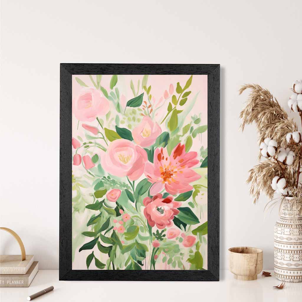 Abstract Painted Pink, Green Flowers  Art Poster | Wall Art Plaza UK