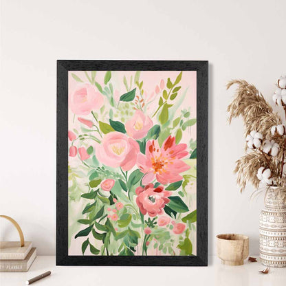 Abstract Painted Pink, Green Flowers  Art Poster | Wall Art Plaza UK