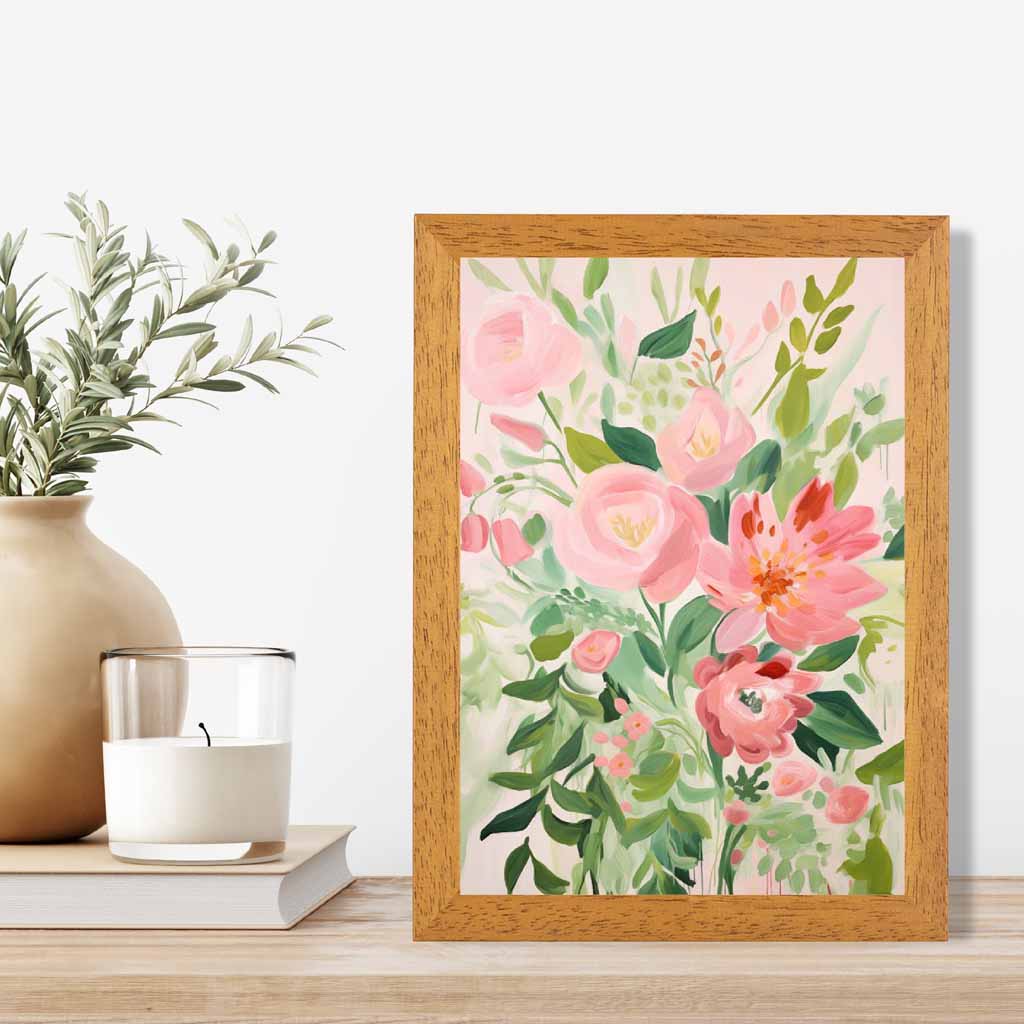 Abstract Painted Pink, Green Flowers  Art Poster | Wall Art Plaza UK