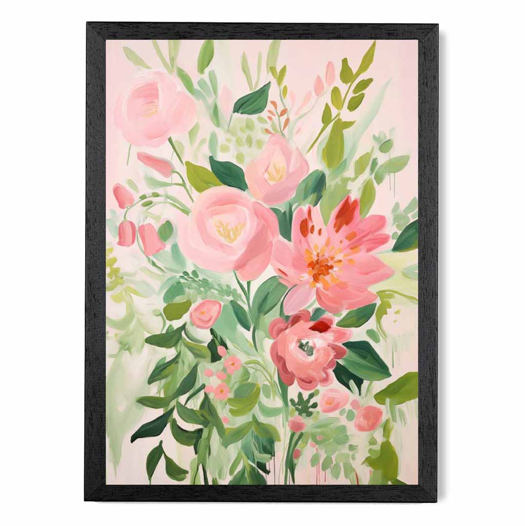 Abstract Painted Pink, Green Flowers  Art Poster | Wall Art Plaza UK