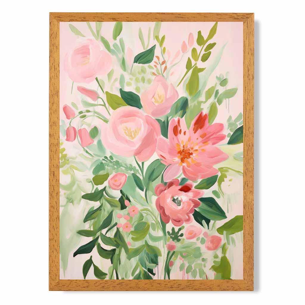 Abstract Painted Pink, Green Flowers  Art Poster | Wall Art Plaza UK